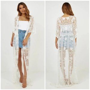 DYNAS FASHIONS DUSTER maxi BOHO vintage FLORAL embroidered lace cardigan KIMONO